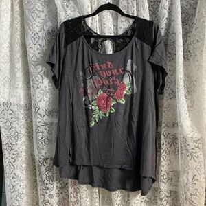 🔵 Torrid Dark Gray Swing Tee with Disney Princess graphic and Black Lace yoke